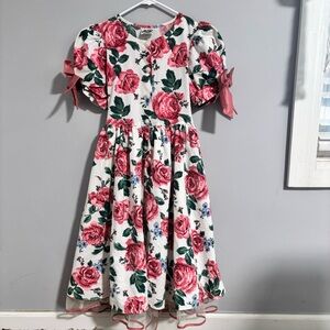 Jo Lene Vintage Floral Dress Girls Size 12 Pink Roses Pearl Buttons 100% Cotton